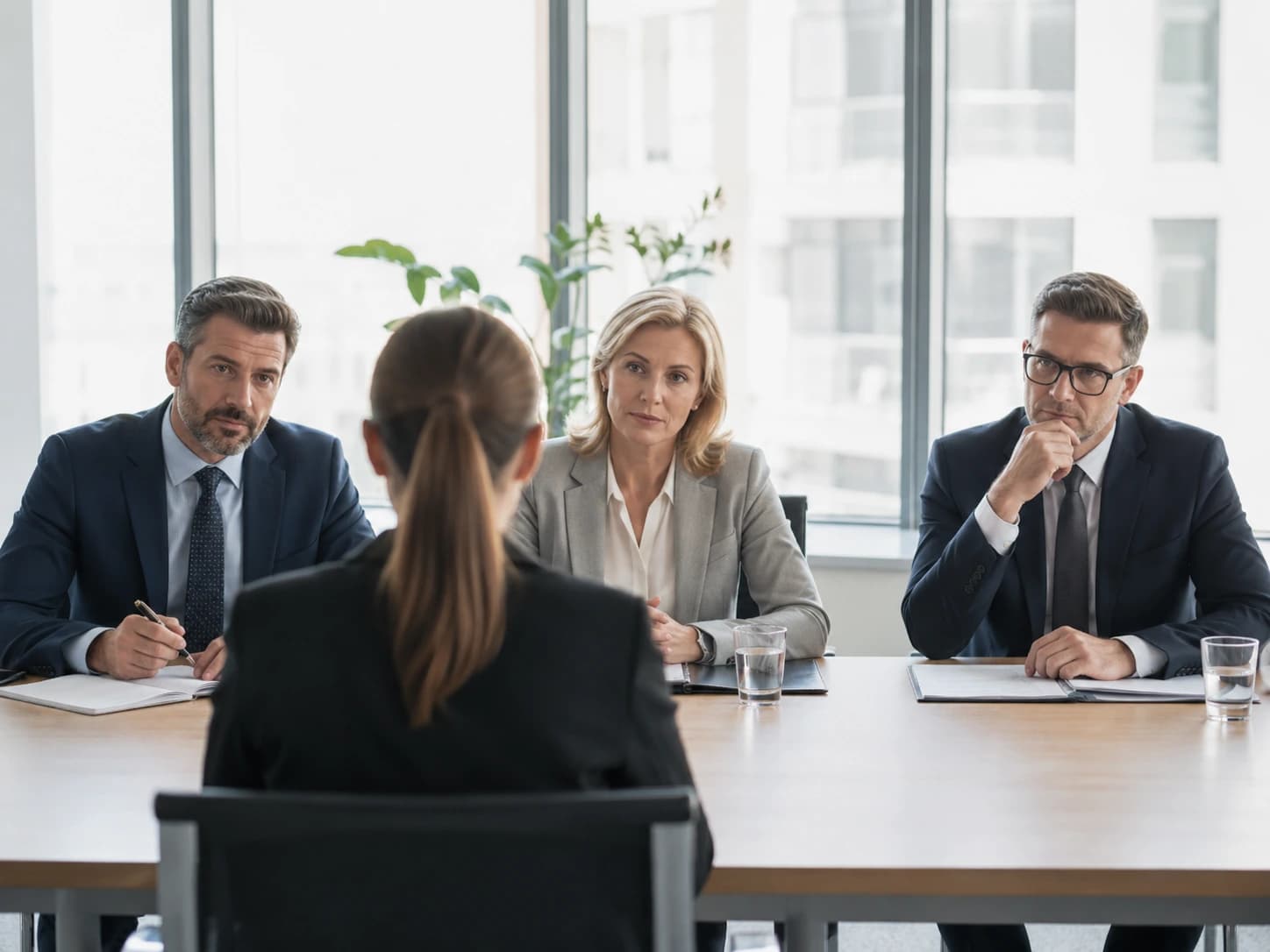 Panel-Interview mit mehreren Entscheidern und einer Kandidatin