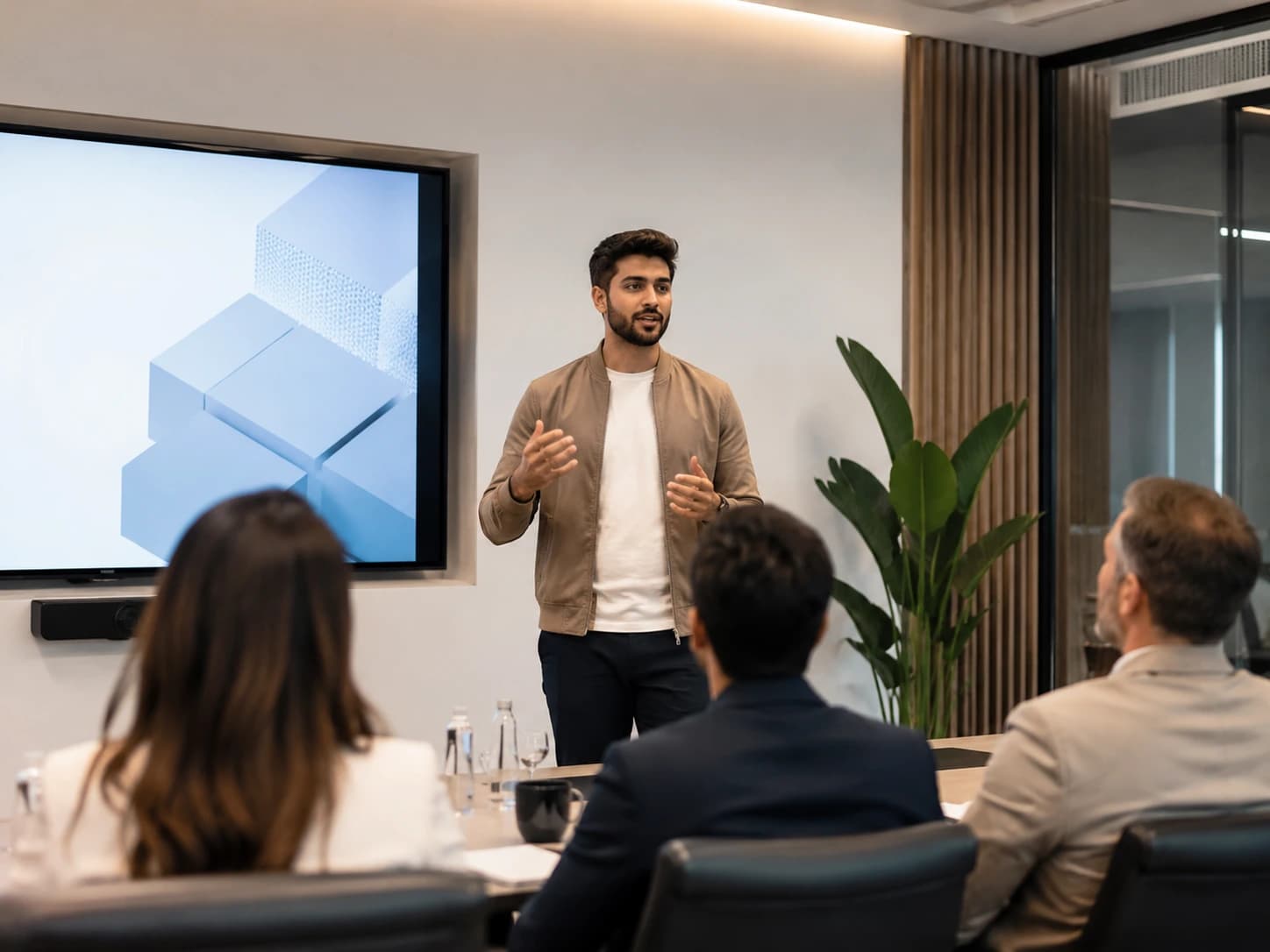 Founder pitching to investors in a professional demo-day setting